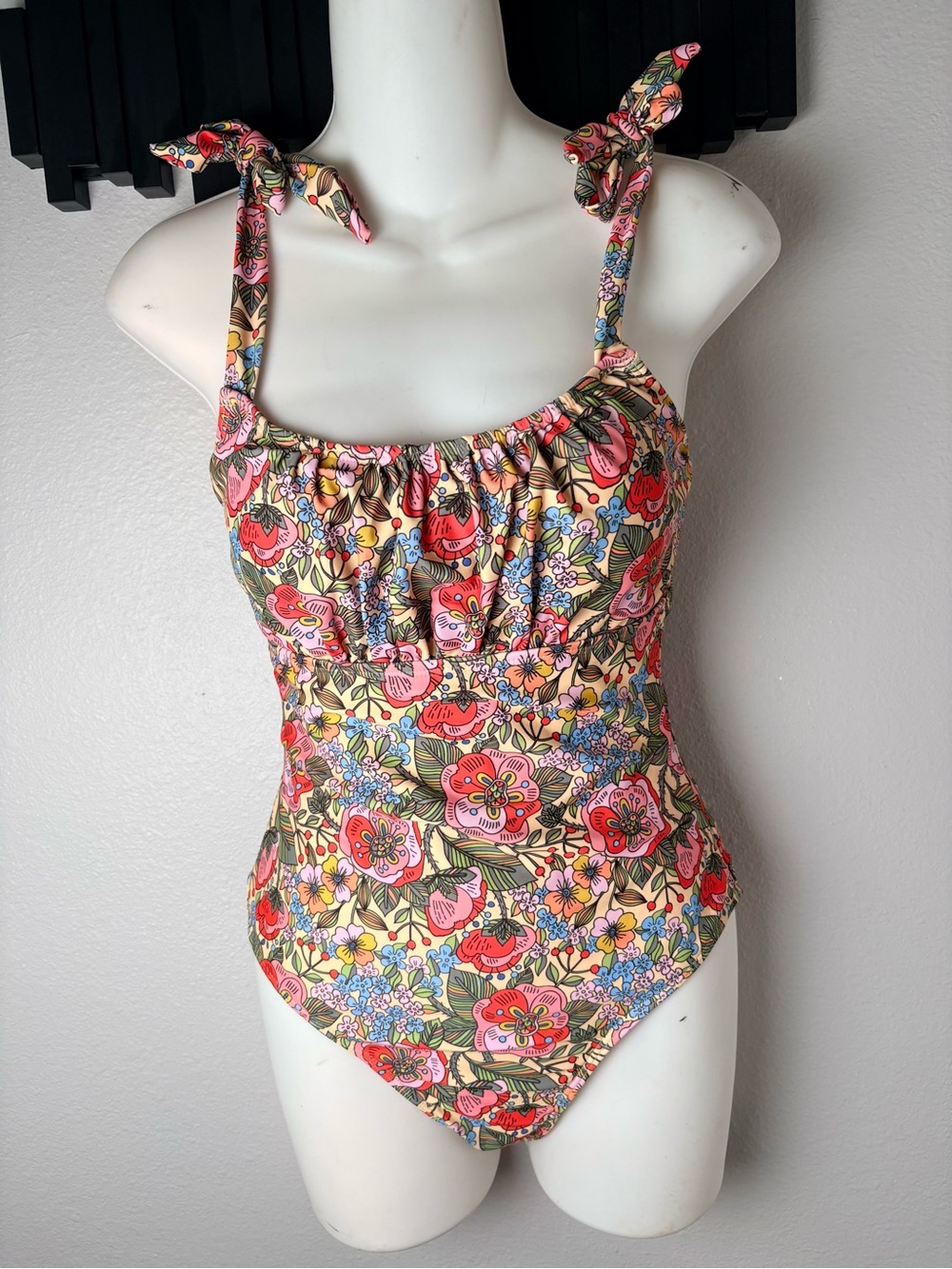Floral One-Piece Swimsuit with Tie Straps - Pink Multicolor Women Size S